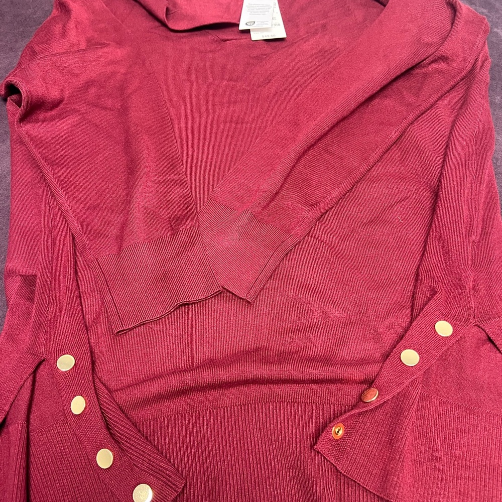 Red V-Neck Sweater with Gold Button Accents - Picture 2 of 3